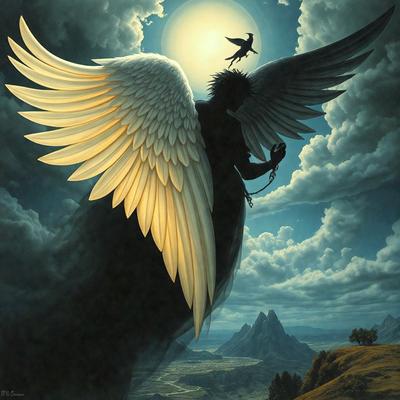 The primary subject of the image is a large, winged creature, possibly a dragon or a monster, with a bird perched on its back. The setting is a cloudy sky, and the visual style appears to be a digital art or illustration. The dominant colors in the image are dark and moody, with the winged creature being the main focus. The overall atmosphere of the image is mysterious and dramatic.
